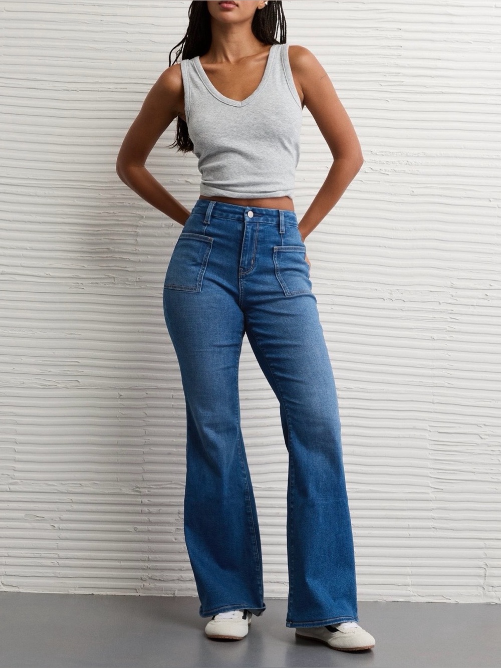 American Eagle Outfitters Blue Flared Jeans with Front Patch Pockets